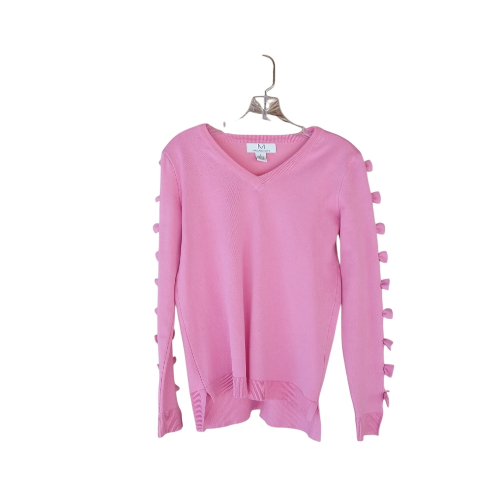 Magaschoni Pink V Neck Bow Sleeve Sweater Small